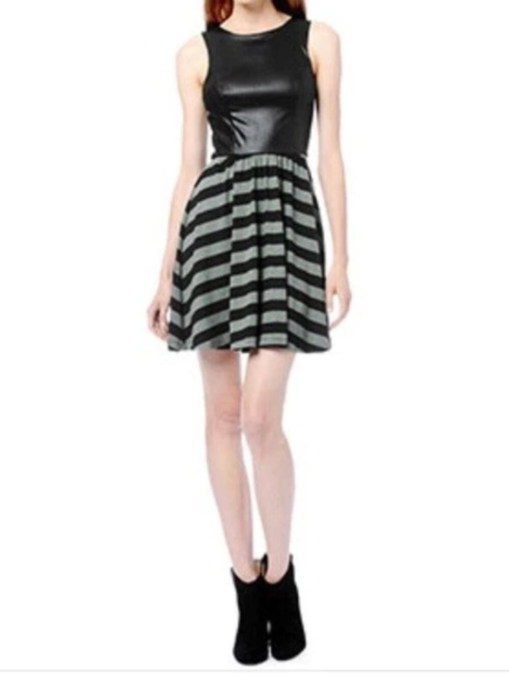 ELLA MOSS WOMENS EMBOSSED LEATHER & STRIPED SHORT SLEEVE FULL DRESS SZ M